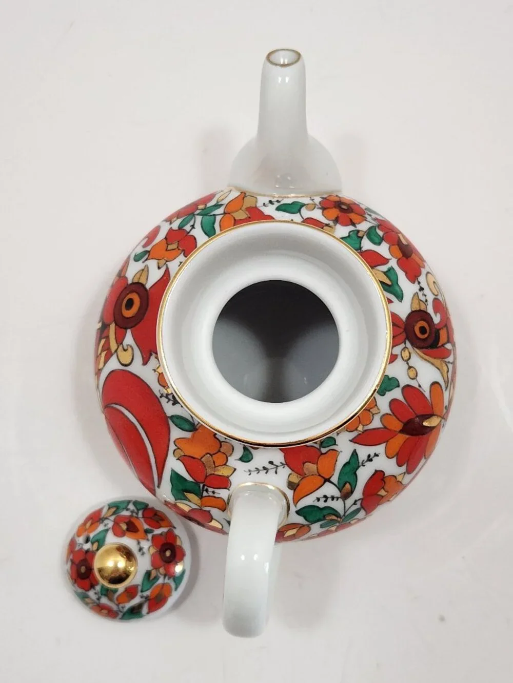 Vintage Lomonosov LFZ USSR Porcelain Red Rooster Teapot Malysh Shape Hand Painte